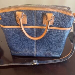 Brighton Archer Domed Satchel Navy Blue Pebble Leather Tan Trim Shoulder Purse